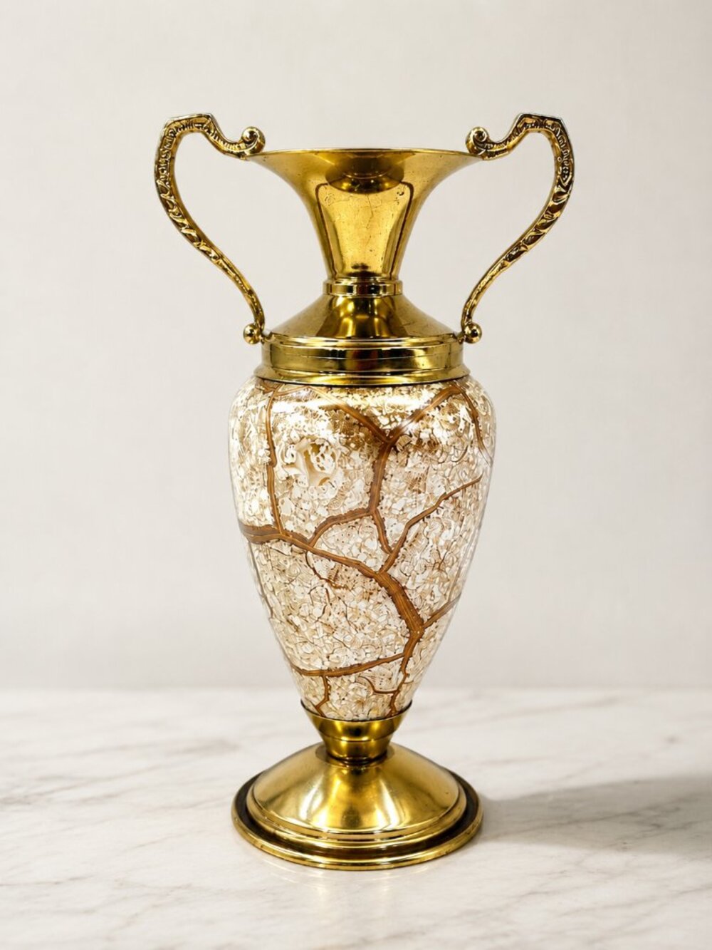 Vintage Holland Brass Crackle Glass Double Handle Urn Vase Hollywood Regency